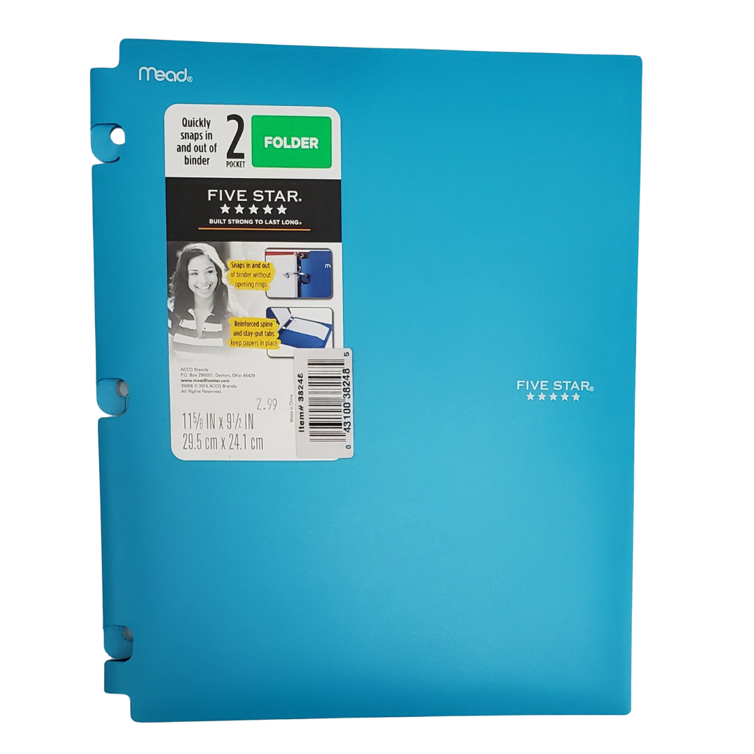 Five Star 2 Pocket Snap-In Plastic Folder, Assorted Colors (38248