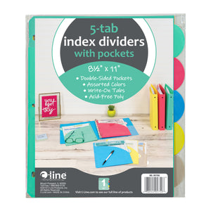 C-Line 5-Tab Poly Binder Index Dividers with Slant Pockets, Assorted (CLI 05750)