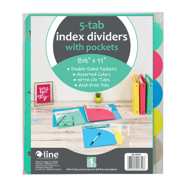 C-Line 5-Tab Poly Binder Index Dividers with Slant Pockets, Assorted (CLI 05750)