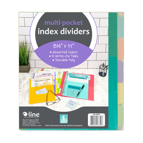 C-Line 5-Tab Index Dividers with Multi-Pockets, Durable, Bright Color Assortment (CLI 07650)