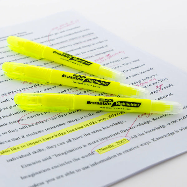 BAZIC Yellow Erasable Highlighters, 3 pack (2330)
