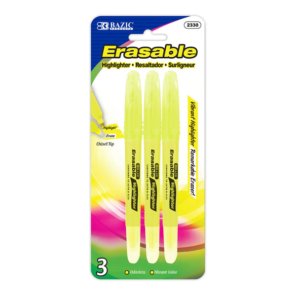 BAZIC Yellow Erasable Highlighters, 3 pack (2330)