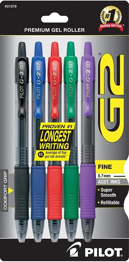 Pilot, G2 Premium Gel Roller Pens, Fine Point 0.7 mm, Assorted Colors, Pack of 5 (12879)