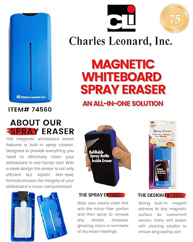 Charles Leonard Magnetic Whiteboard Spray Eraser With Liquid Cleaner Inside (CHL 74560), Blue/Black