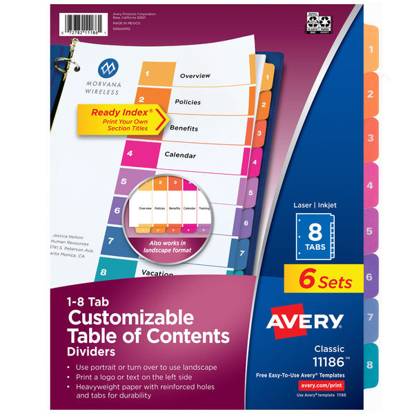 Avery® Ready Index® 8 Tab Binder Dividers, Customizable Table of Contents, Multicolor Tabs (AVE 11186)