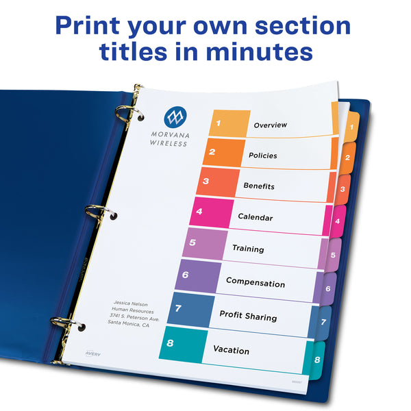 Avery® Ready Index® 8 Tab Binder Dividers, Customizable Table of Contents, Multicolor Tabs (AVE 11186)