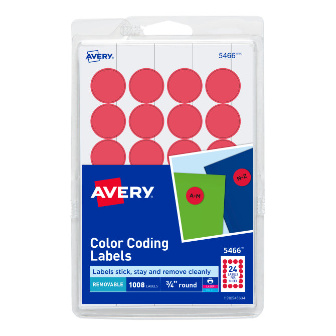 Avery Removable Color-Coding Labels, Removable Adhesive, Red, 3/4" Diameter, 1,008 Labels (AVE 5466)