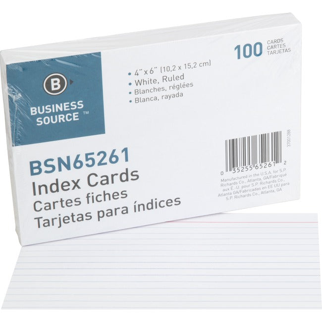 Business Source Ruled White Index Cards - 6" Width x 4" Length - 100/Pack (BSN 65261)
