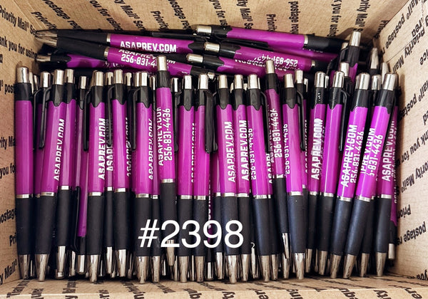 Bulk Lot of 200 Misprinted Retractable Ballpoint Pens, Purple  (Lot #2398)