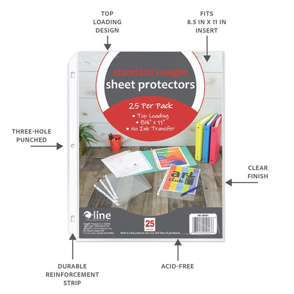 C-Line 8-1/2" x 11" Clear Standard Weight Poly Sheet Protectors, 25/PK (CLI 05047)