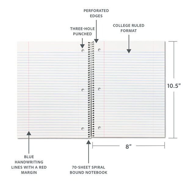 C-Line 8-1/2" x 10-1/2" Assorted College Ruled 1-Subject Spiral Notebook, 70 sheets (CLI-22035)