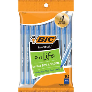 Bic Round Stic Xtra Life Ballpoint Pens, Blue Ink, Med Point 10 Count (20122)