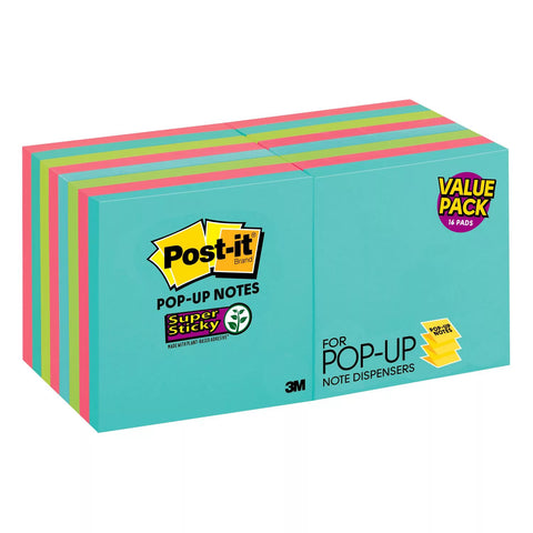 Post-it Super Sticky Pop-up Notes, 3" x 3", Miami Collection, 16 Pads (13802)