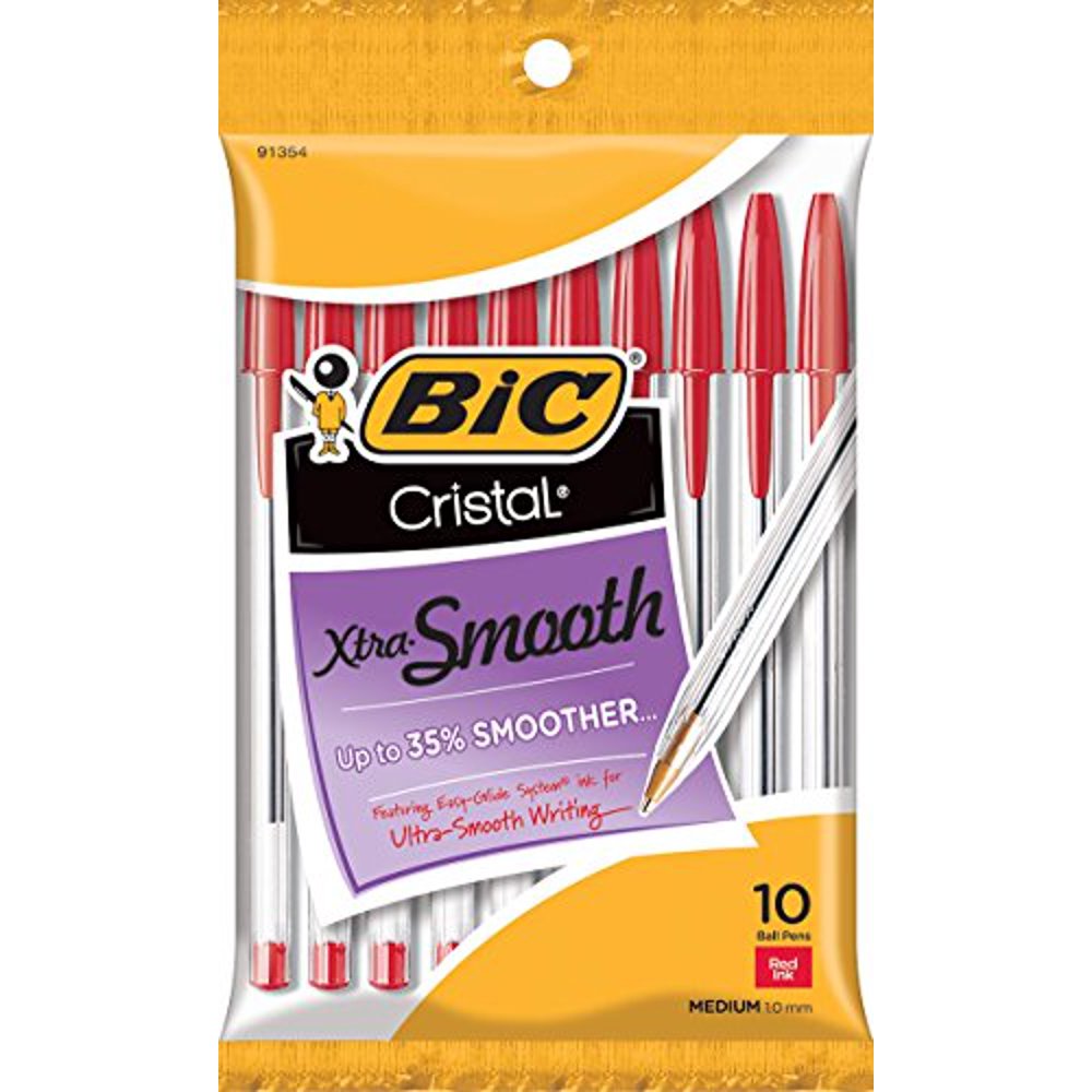 BIC Cristal Xtra Smooth Ball Pen, Medium Point (1.0 mm), Red, 10-Count (91354)