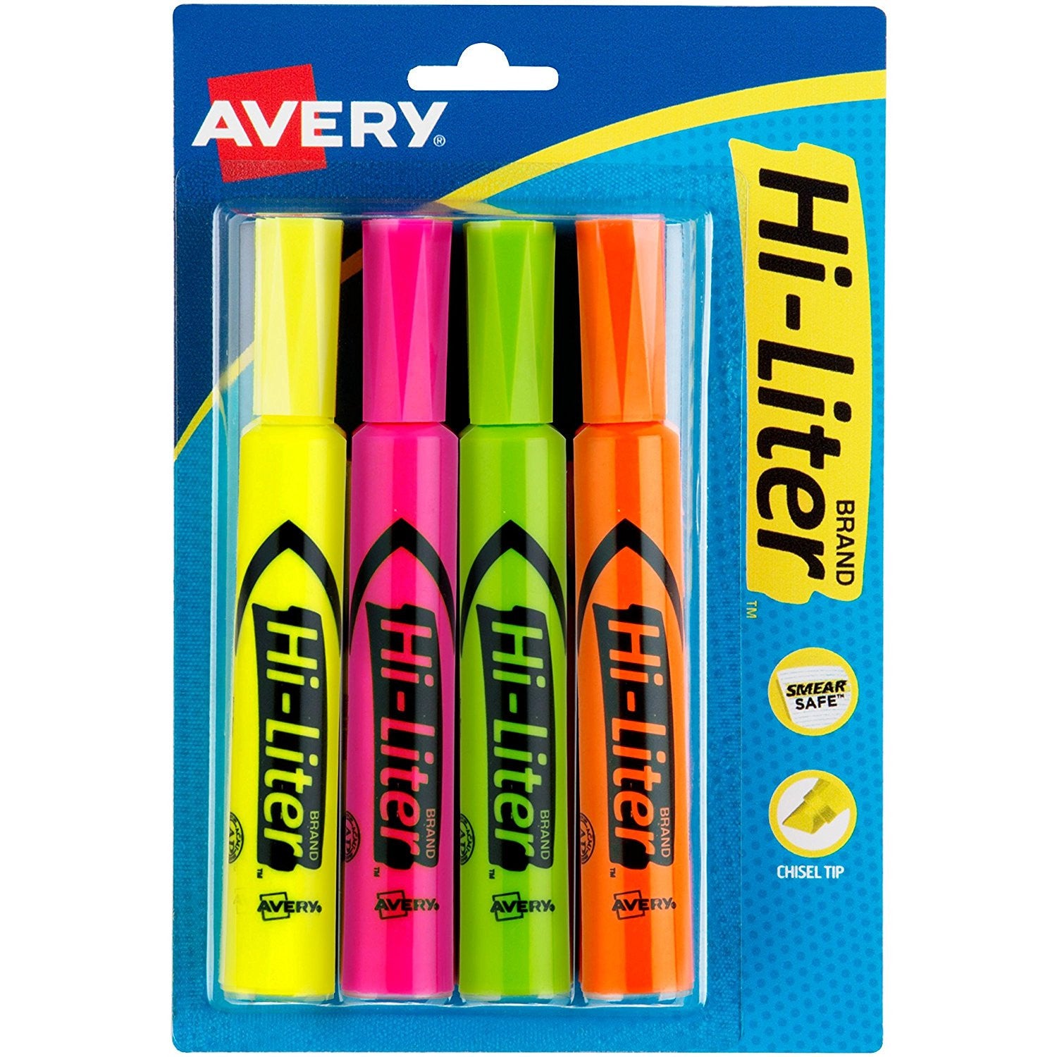 Avery Hi-liters 4 Pack, Desk Style Chisel Tip Highlighters Asst Colors (24063)