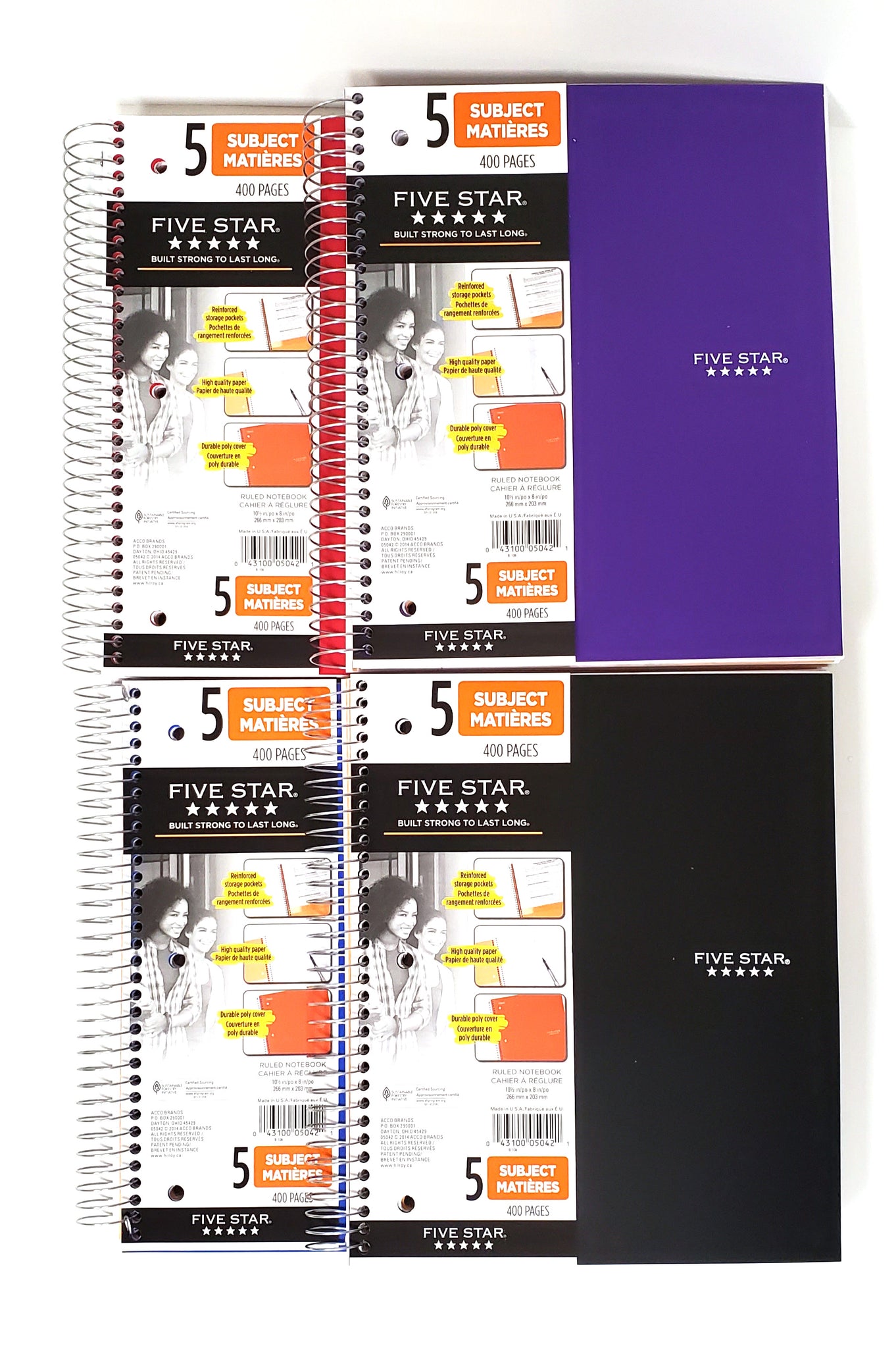 Set of 4 Five Star® Wirebound Notebooks - 5 Subject 200 Count College Ruled (05042)