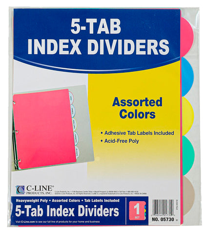 C-Line Poly Binder Index Dividers, Assorted Colors, 5-Tab Set (CLI 05730)