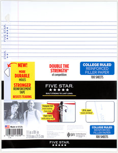 Five Star College Ruled Reinforced Filler Paper, 100 Sheets, 10.5" x 8" (17010)
