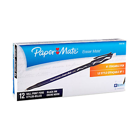 Paper Mate Eraser Mate  Ballpoint Erasable Pens, 12 Pack, Medium - Black Ink (3930158)