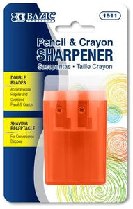Bazic Pencil & Crayon Sharpener w/Shaving Receptacle,  Double Blades (BAZ1911)
