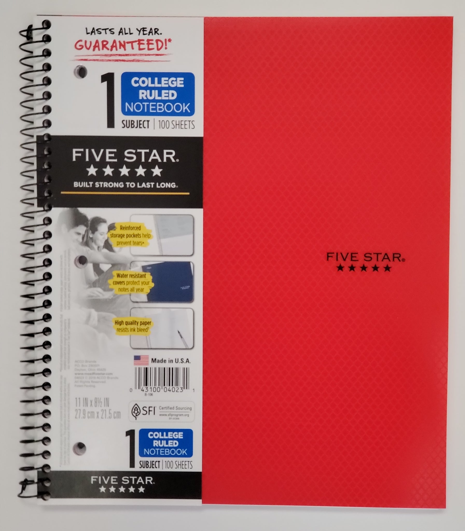 Five Star Red Style Notebook, College Ruled, 1 Subject, 11" x 8.5" (04023)