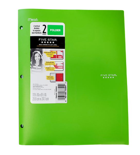 Five Star 2 Pocket 3-Hole Plastic Folder with Vertical Dividers, Avail in Green, Blue or Lime