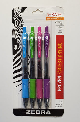 Zebra Sarasa Gel 0.7mm Retractable Assorted Ink Colors, 4 Pack (46874)