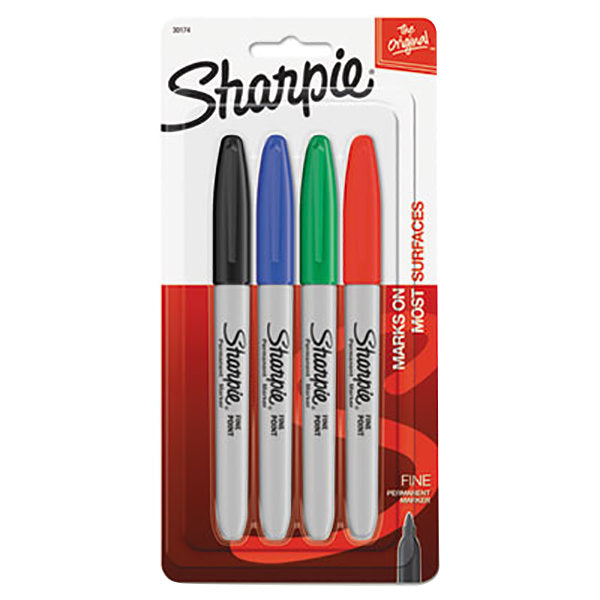 Sharpie Permanent Markers, Fine Point, Black, Blue, Red, Green,, 4 pack (30174)