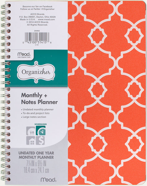 Mead Organizher Monthly + Notes Undated Planner Organizer, 7.25" x 9.5" (31415)