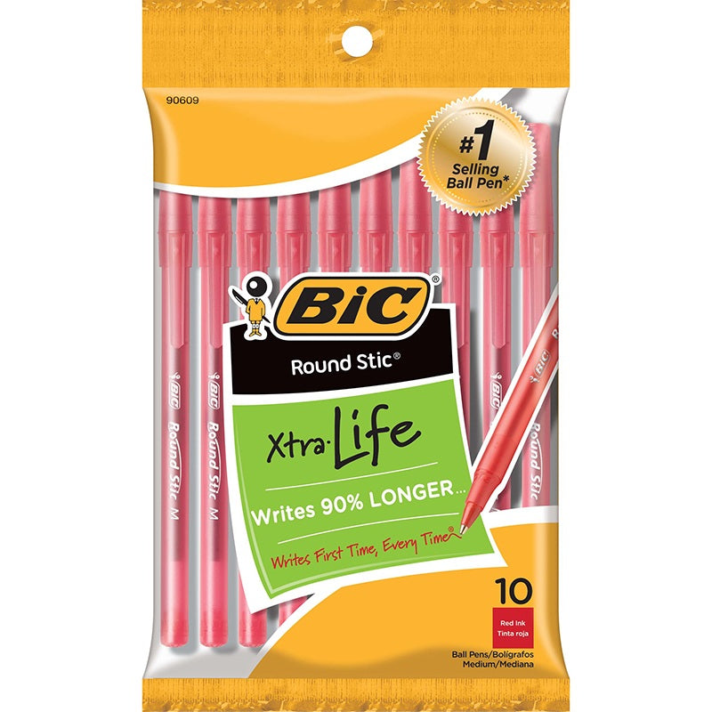 Bic Round Stic Xtra Life Ballpoint Pens, Red Ink, Med Point 10 Count (90609)