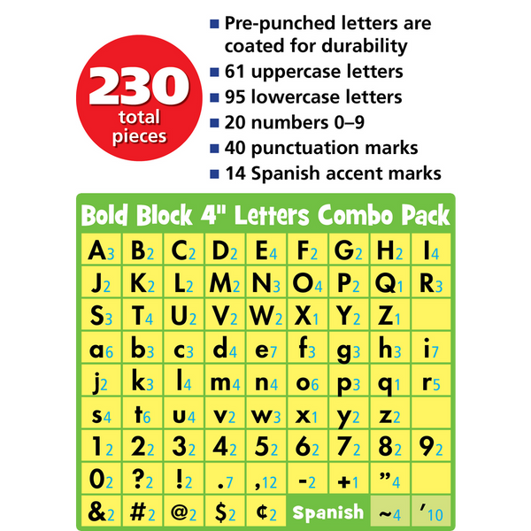Teacher Created Black & White Bold Block 4" Letters Combo Pack, 230 Pieces (TCR 3937)