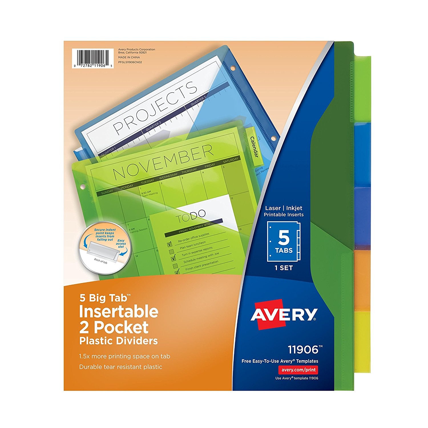 Avery®5 Big Tab Two-Pocket Insertable Dividers, Poly, Assorted-Colors (11906)