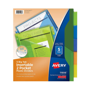 Avery®5 Big Tab Two-Pocket Insertable Dividers, Poly, Assorted-Colors (11906)