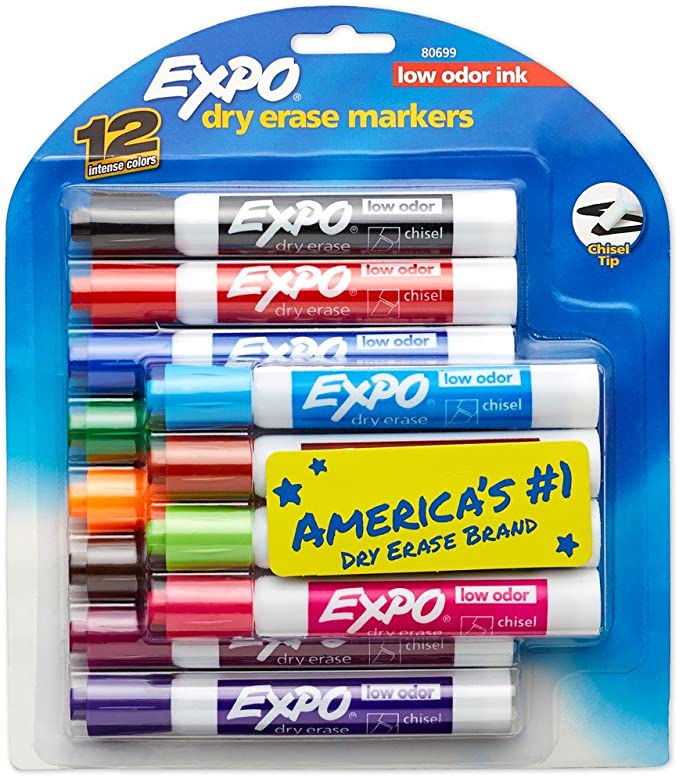 EXPO Low Odor Dry Erase Markers, Chisel Tip, Assorted Colors, 12 Count (80699)