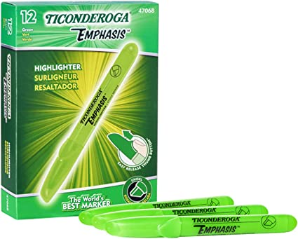 Ticonderoga Emphasis Fluorescent Highlighters, Desk Style, Chisel Tip, Green, 12-Pack (X 47068)