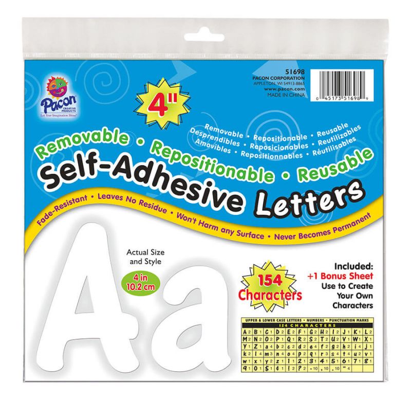 Pacon Self-Adhesive Repositionable Letters , 4 in, White, Cheery Font (P0051698)