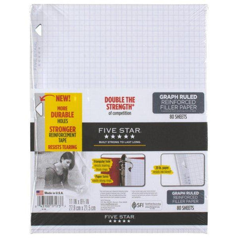 Five Star Filler Paper, Graph Ruled, Reinforced, 4 in/sq, 11 x 8-1/2", 80 Sheets (17173)