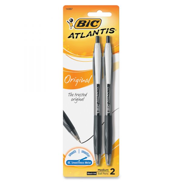 BIC Atlantis Original Retractable Ballpoint Pens, Black, 2 Pack (14367)