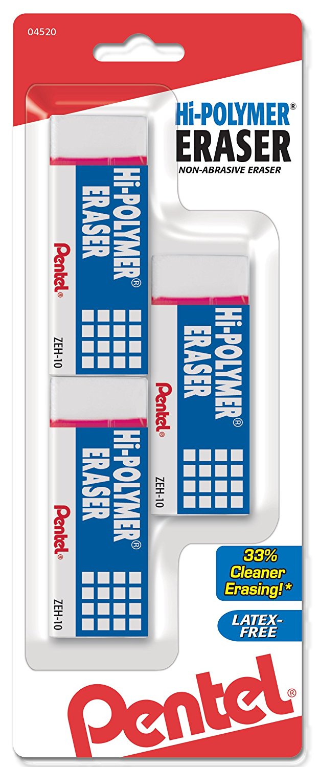 Pentel Hi-Polymer Block Erasers, Large, 3 Pack, White, Latex-Free