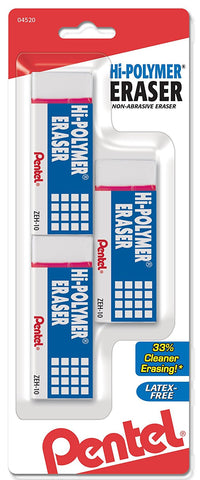Pentel Hi-Polymer Block Erasers, Large, 3 Pack, White, Latex-Free (PEN 22024)