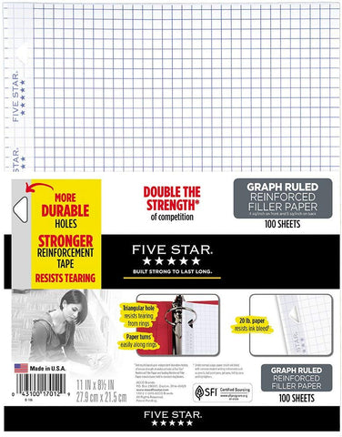Five Star Filler Paper, Graph Ruled, Reinforced, 4 in/sq, 11 x 8-1/2", 100 Sheets (17012)