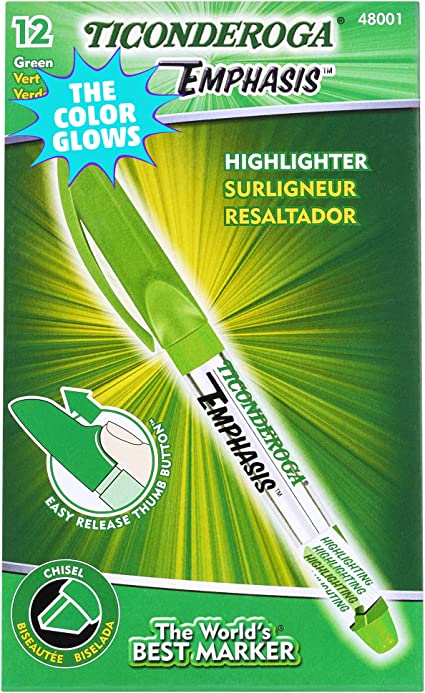 Ticonderoga Emphasis Fluorescent Highlighters, Green,12 Count (X 48001)