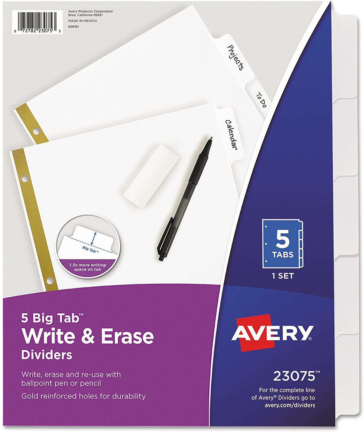 Avery Write & Erase Big Tab Paper Dividers, 5-Tab, White (23075)