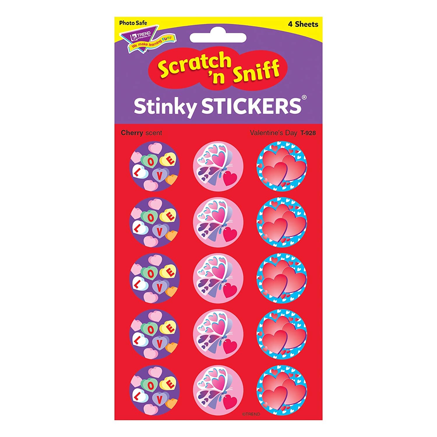 Trend Stinky Stickers Scratch and Sniff -Cherry Scent Hearts Valentines Day (T928)