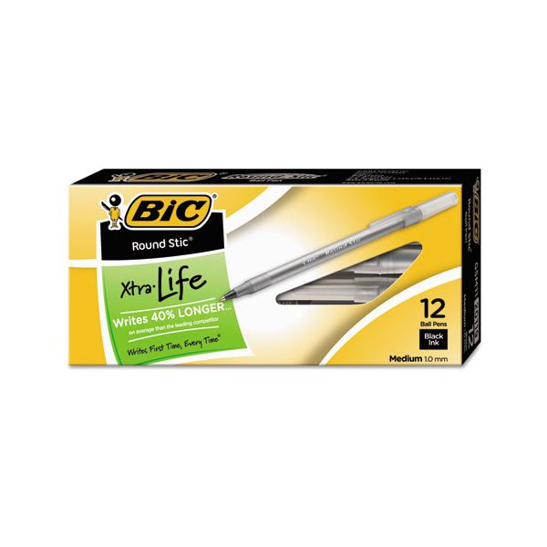 Bic Round Stic Xtra Life Ballpoint Pens, Black Ink, Med Point 12 Count (20119)