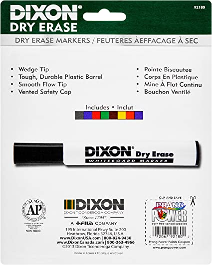 Dixon Wedge Tip Dry Erase Markers, Assorted Colors, 8-Pack (92180)