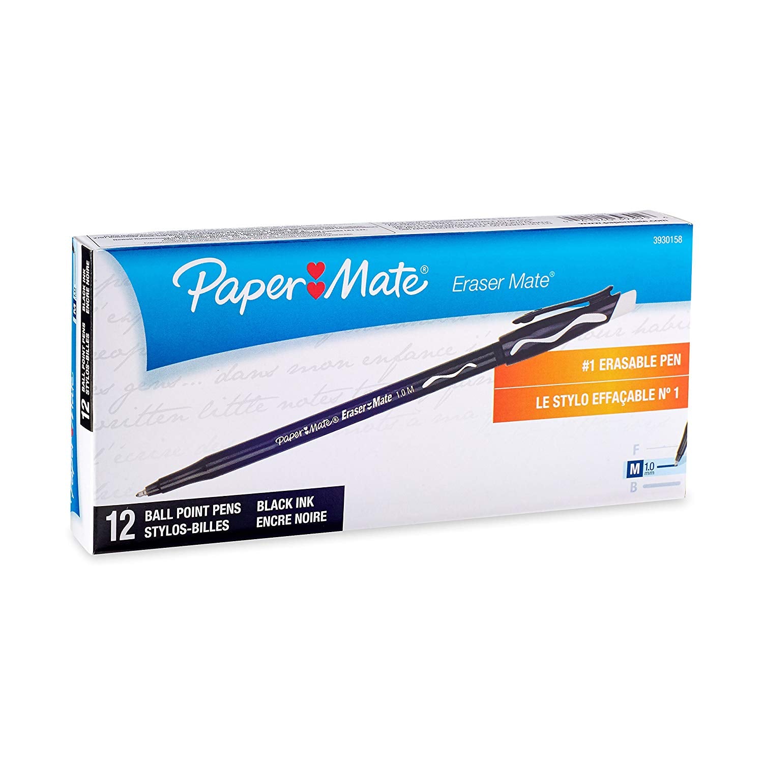 Paper Mate Eraser Mate Erasable Pen, Medium Point, Black, 12-Count