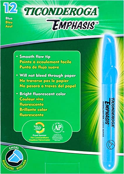 Ticonderoga Emphasis Fluorescent Highlighters, Desk Style, Chisel Tip, Blue, 12-Pack (X 47067)