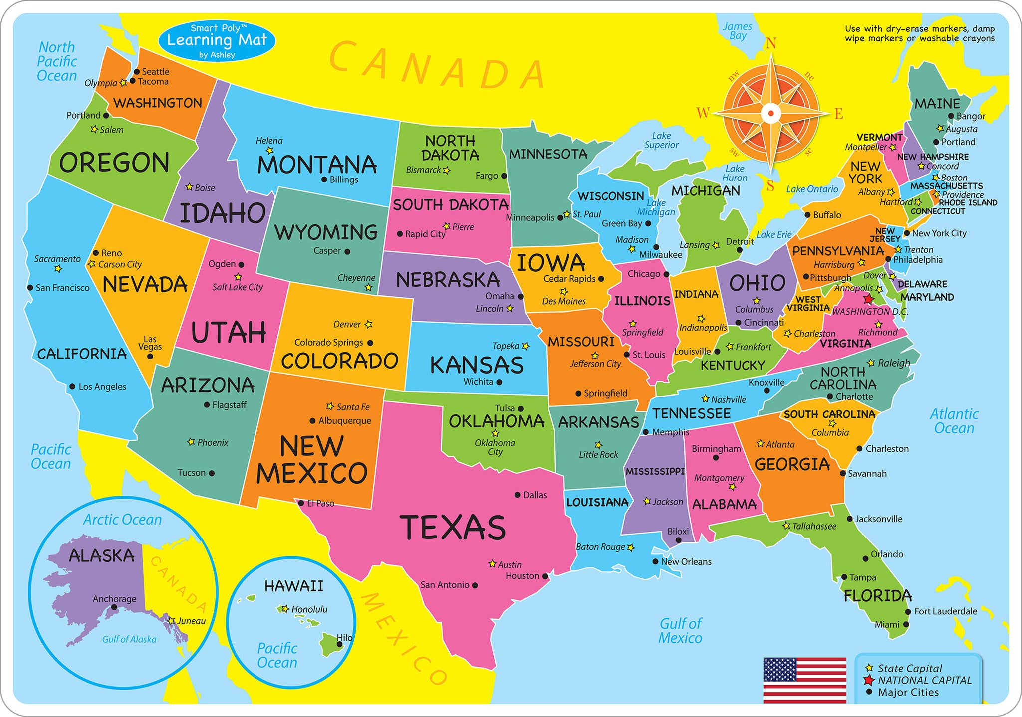 Ashley Dry Erase Smart Poly US MAP Learning Mat, 12" X 17" (ASH95000)