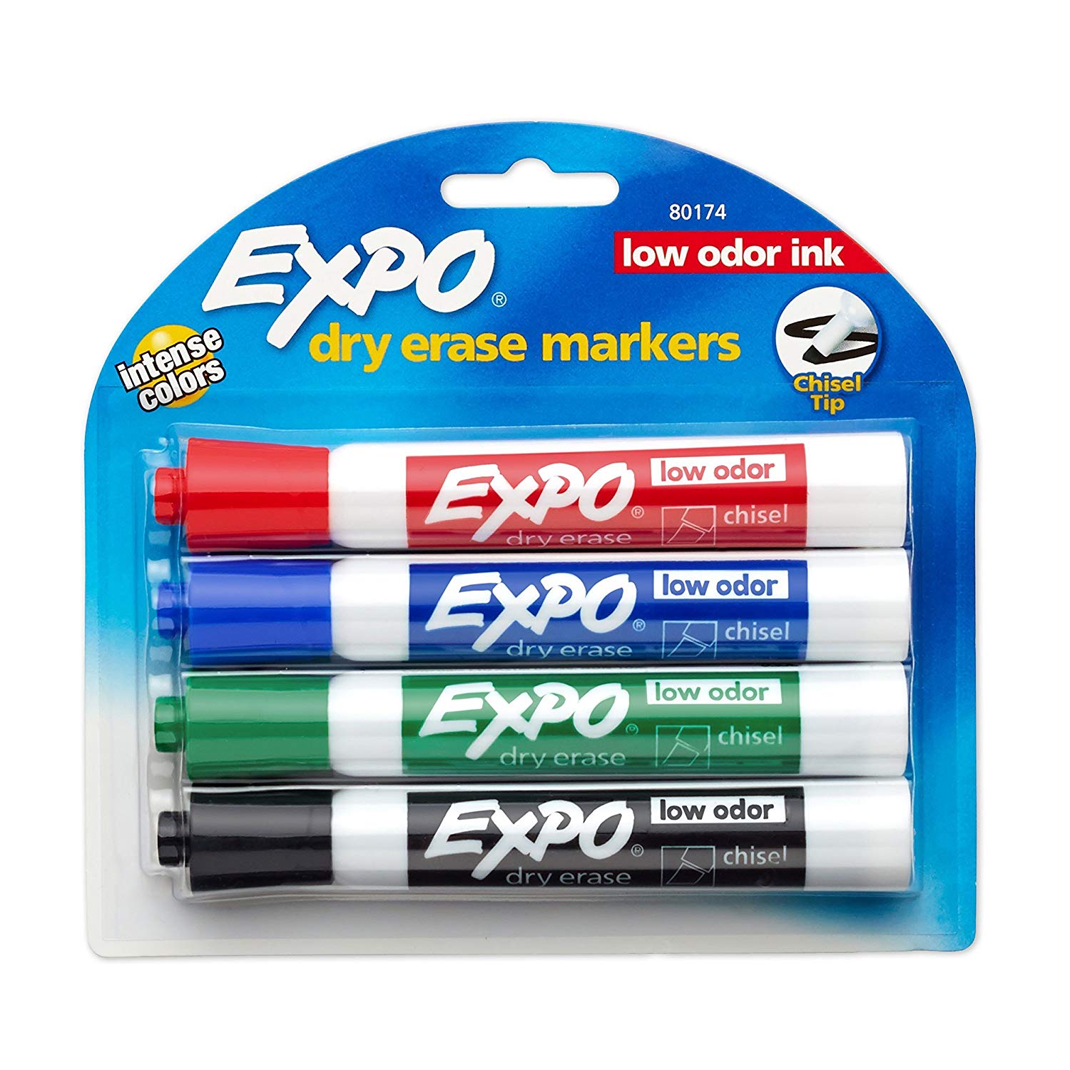 Expo Dry Erase Markers, 4 Pack, Low Odor Ink, Black, Red, Blue, Green (80174)